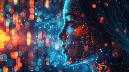 Profile of a digital human face with bokeh lights