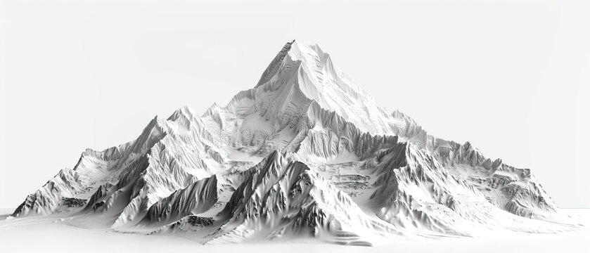 Very modern, current, contemporary nature background, wallpaper, backdrop, texture, Mount Denali mountain and snowy Alaska mountains, range, isolated. LIDAR model, scan, map, white background