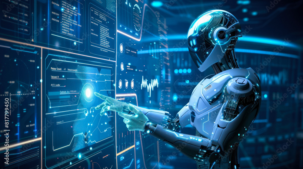 Poster robot interacting with futuristic interface