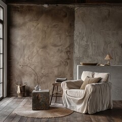 Rustic bedroom with exposed concrete walls, wooden furniture, and cozy decor. Perfect for stylish bedroom design and relaxing home interiors.