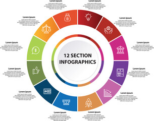Collection of vector circle chart infographic templates for presentations, advertising, layouts, annual reports. 12 options, steps, parts