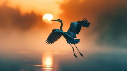Graceful Heron in Flight Against Sky