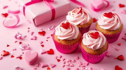 Tasty cupcakes hearts and gift for Valentines Day on p