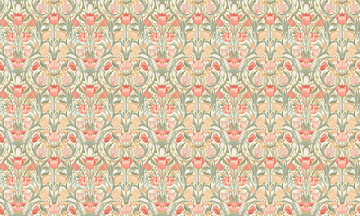Floral pattern with pink and red flowers. Elegant mirror pattern