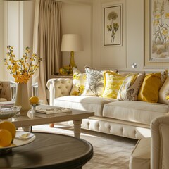 Classic Living Room with Beige Sofa and Yellow Accents, Featuring Wall Art and Cushions, Perfect for Home Decor and Interior Design Inspiration