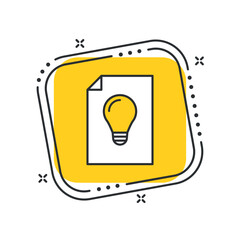 Cartoon lightbulb icon vector illustration. List with bulb on isolated yellow square background. Document idea sign concept.