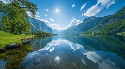 Tranquil fjord landscape with reflections