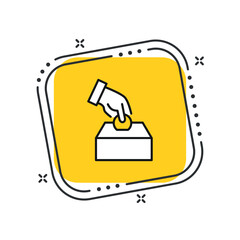 Cartoon donation icon vector illustration. Money box on isolated yellow squares background. Hand putting coin in the box.