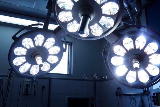 Bright surgical operating room lights illuminating a sterile medical environment, showcasing advanced healthcare equipment.