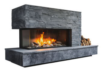 Contemporary grey stone fireplace with modern design and crackling fire, cut out - stock png.