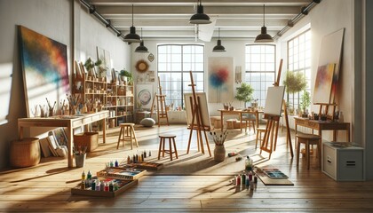 Modern art studio with easels, canvases, and an array of paint supplies, filled with natural light....