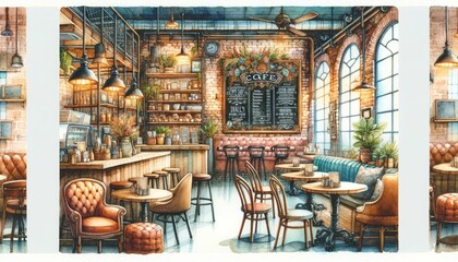 Watercolor painting of a vintage-inspired café with eclectic furniture, exposed brick walls, and a menu board featuring daily specials. The café features cozy seating, warm lighting, wooden tables.