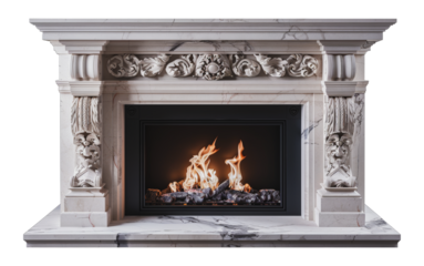 Luxurious white marble fireplace with intricate carvings and gentle flames, cut out - stock png.