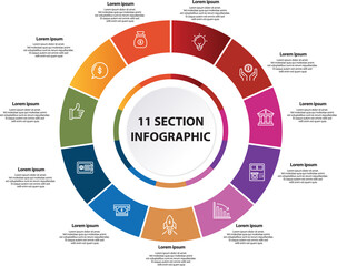 Collection of vector circle chart infographic templates for presentations, advertising, layouts, annual reports. 11 options, steps, parts