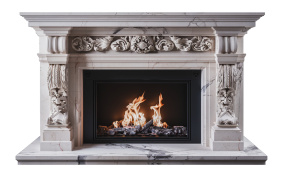 Luxurious white marble fireplace with intricate carvings and gentle flames, cut out - stock png.