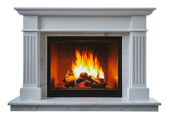 White fireplace with gentle flames, cut out - stock png.