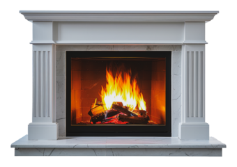 White fireplace with gentle flames, cut out - stock png.