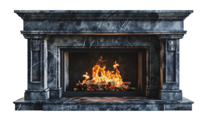 Classic blue marble fireplace with vibrant fire and detailed mantel, cut out - stock png.