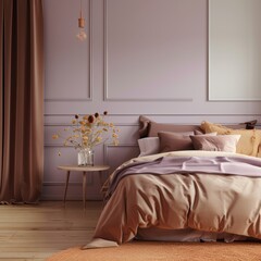Elegant bedroom with pink walls, stylish furniture, and modern decor. Perfect for contemporary home design and chic interiors.