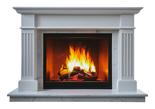 White fireplace with gentle flames, cut out - stock png.