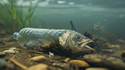Dead fish trapped inside bottle - water pollution concept