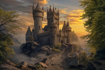 Enchanting fairytale castle in misty forest
