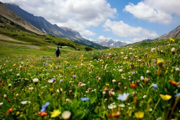 Fototapeta premium A person hikes through a vibrant meadow filled with wildflowers, framed by towering mountains under a bright blue sky with scattered clouds.