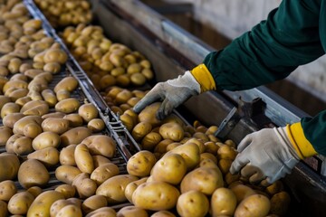 A worker wearing gloves sorts freshly harvested potatoes on a conveyor belt in an industrial facility.