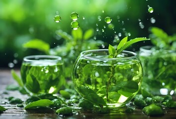 fresh green tea leaves and water splash background