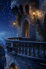 Night view of a castle balcony with lights
