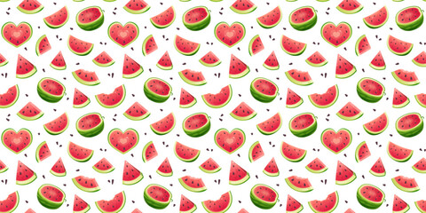 Seamless pattern with watermelon and heart shaped watermelon pieces. Fruity summer pattern