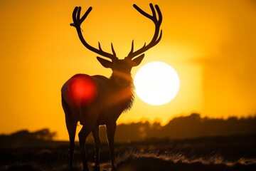 A majestic deer with large antlers standing against a vibrant orange sunset background. - Powered by Adobe