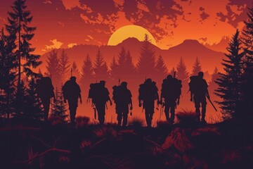 Fototapeta premium Group of people walking through a forest at sunset, suitable for outdoor and nature themes