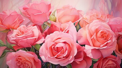 Romantic watercolor painting of a bouquet of roses in shades of red, pink, and peach, tied with a satin ribbon