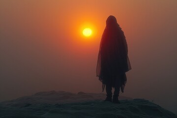 Obraz premium women in desert on fog background with sun