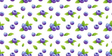 Seamless pattern with blueberries and green leaves on white background. Vector illustration of berries for packaging, wallpaper