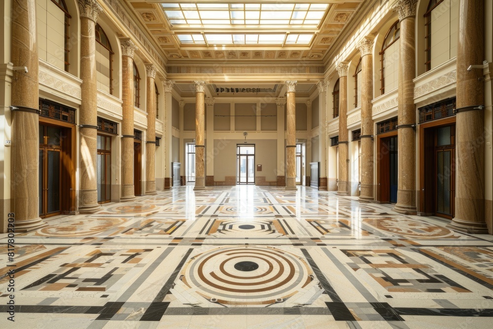 Poster a large room with marble floors and a skylight. perfect for architectural and interior design projec