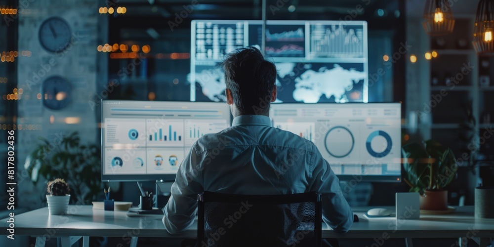 Poster A man sitting at a desk in front of a computer. Suitable for office and technology concepts