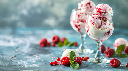 Tasty ice-cream with raspberries in glasses on table -