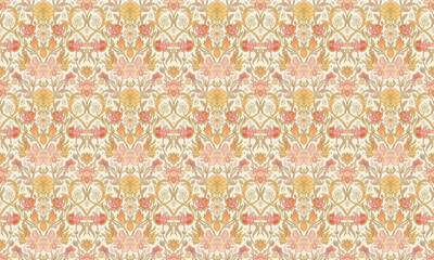 Floral pattern with yellow and red flowers. Elegant mirror pattern