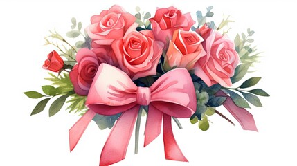 Romantic watercolor painting of a bouquet of roses in shades of red, pink, and peach, tied with a satin ribbon