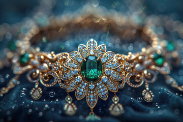 A detailed close-up of an exquisite piece of jewel-encrusted antique jewelry on a dark velvet background, highlighting intricate gold filigree, sparkling diamonds, and rich emeralds with soft focused,