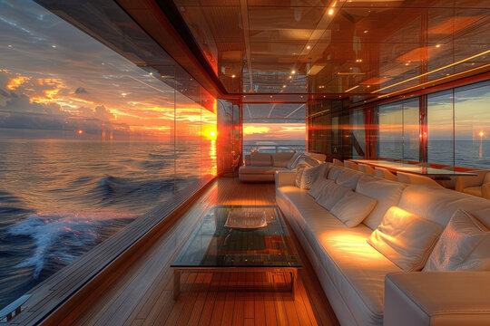 A luxury yacht interior, sleek modern design with teak wood decking, white leather sofas, panoramic windows showing a sunset over the ocean, silver and blue decor accents.