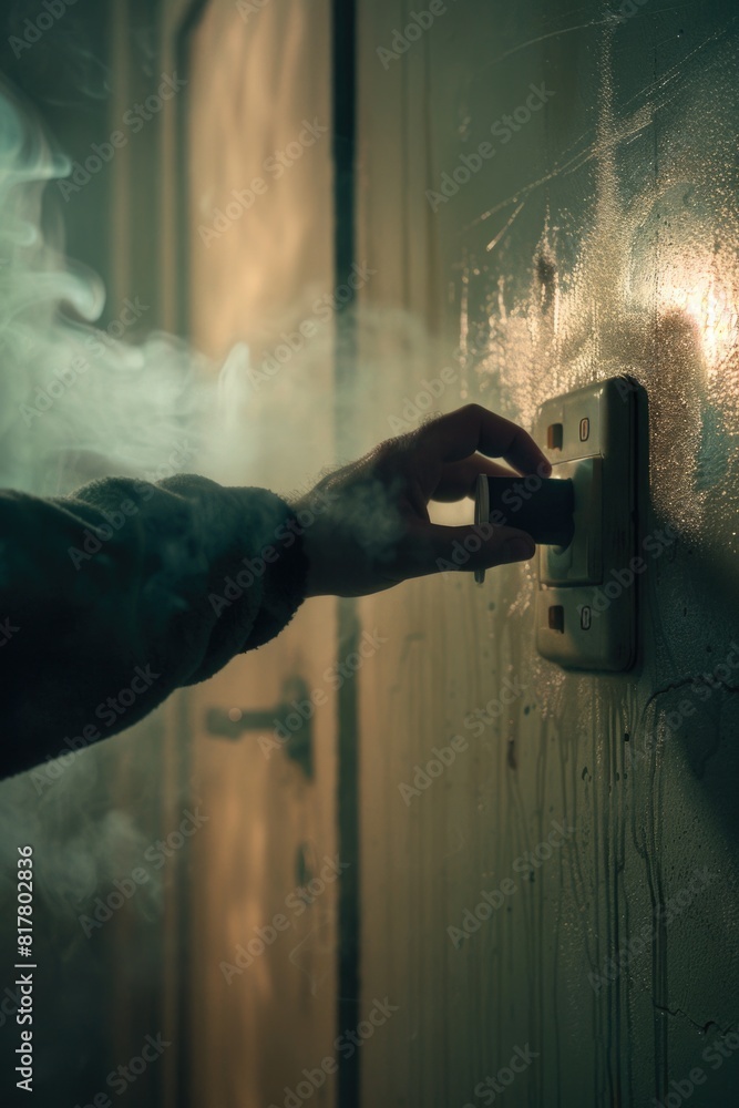 Poster a person turning on a light switch. suitable for illustrating concepts related to energy, electricit