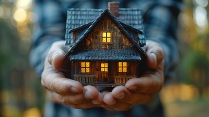 A small wooden house is held in a person's hands