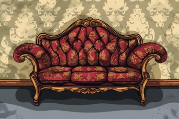 A red couch positioned in front of a wall. Suitable for interior design concepts