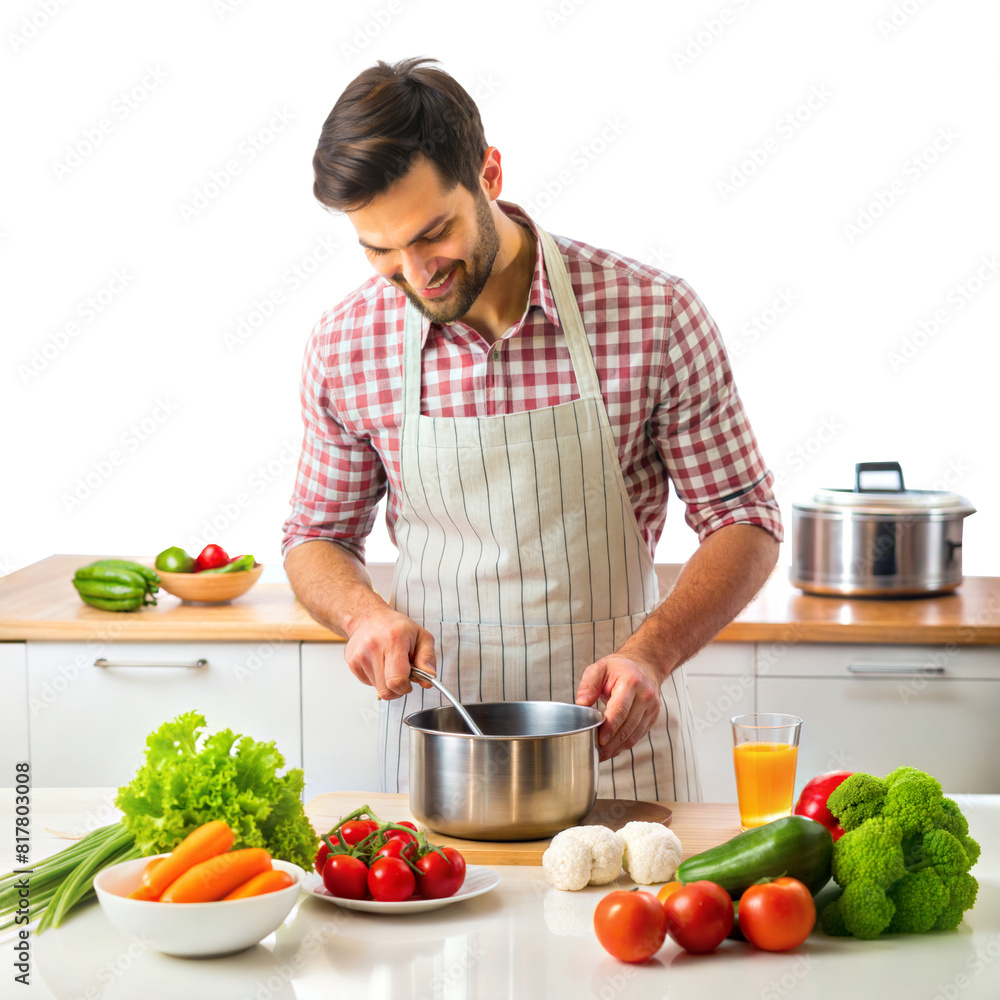 Wall mural a man is cooking in a kitchen with a variety of vegetables and fruits