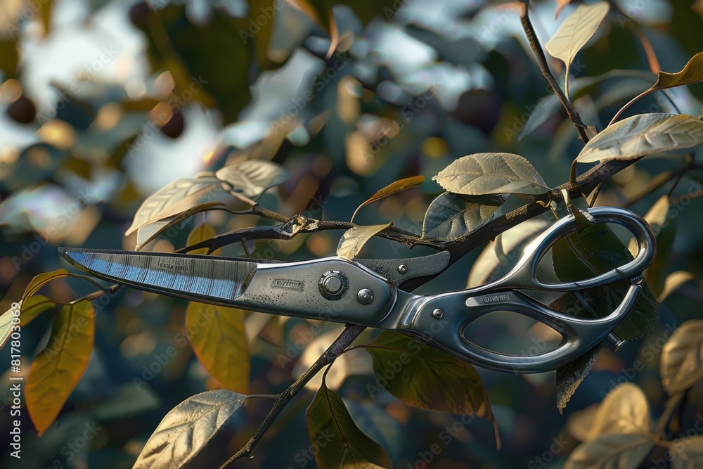 Poster Close-up of scissors on a tree branch, suitable for various design projects