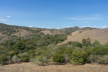 Scenic view of a dry hilly landscape with sparse vegetation under a clear blue sky