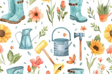 Beautiful watercolor flowers with gardening tools, perfect for botanical or gardening projects